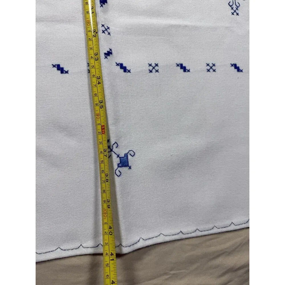 Antique Handmade Table Cloth Topper 40x40 Embroidery Cutwork Linen Blue on white